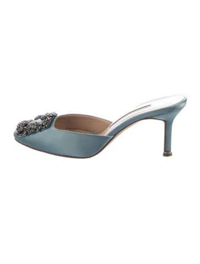 Pre-owned Manolo Blahnik Satin Crystal Embellishments Mules In Blue