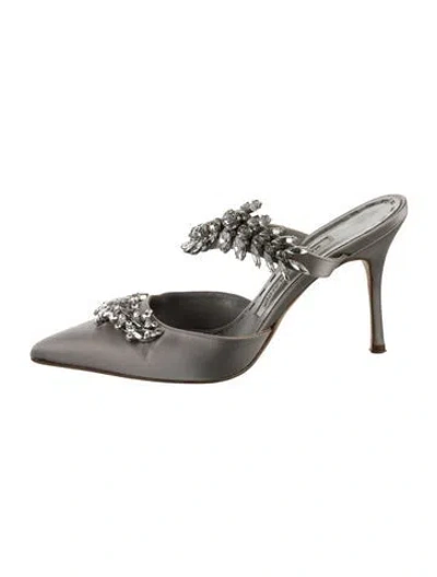 Pre-owned Manolo Blahnik Satin Crystal Embellishments Mules In Gray