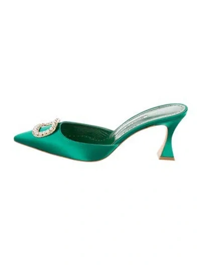 Pre-owned Manolo Blahnik Satin Crystal Embellishments Mules In Green