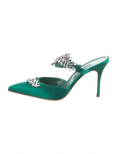 Pre-owned Manolo Blahnik Satin Crystal Embellishments Mules In Green