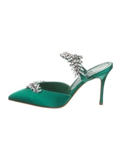 Pre-owned Manolo Blahnik Satin Crystal Embellishments Mules In Green