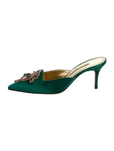 Pre-owned Manolo Blahnik Satin Crystal Embellishments Mules In Green