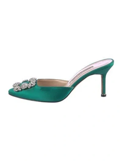 Pre-owned Manolo Blahnik Satin Crystal Embellishments Mules In Green