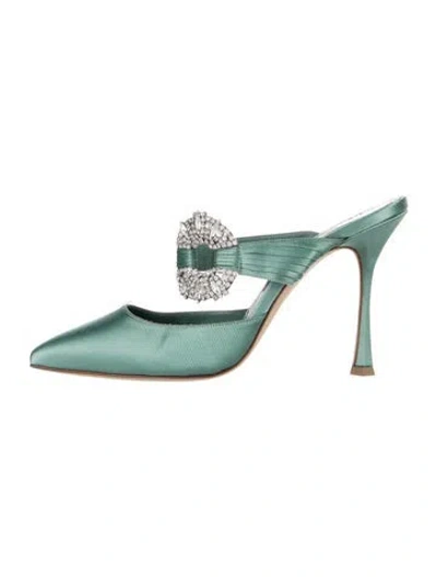 Pre-owned Manolo Blahnik Satin Crystal Embellishments Mules In Green
