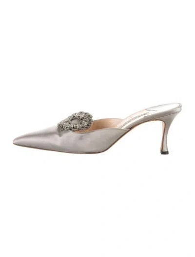 Pre-owned Manolo Blahnik Satin Crystal Embellishments Mules In Grey