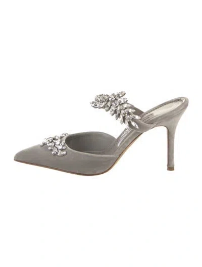 Pre-owned Manolo Blahnik Satin Crystal Embellishments Mules In Grey