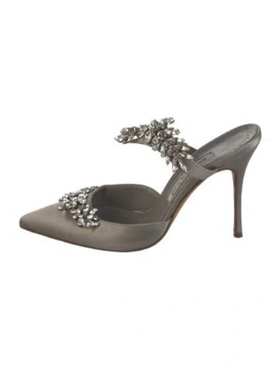 Pre-owned Manolo Blahnik Satin Crystal Embellishments Mules In Grey