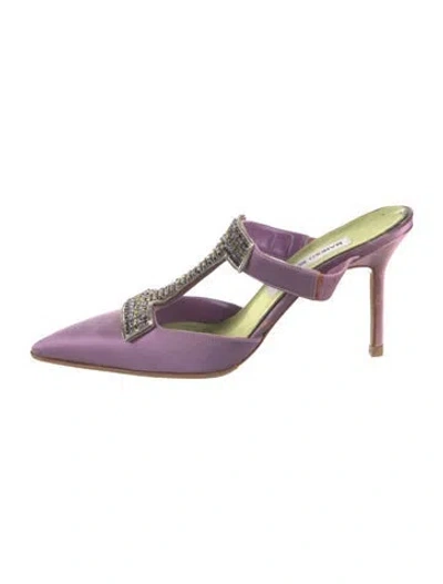 Pre-owned Manolo Blahnik Satin Crystal Embellishments Mules In Purple