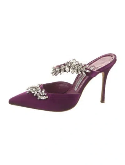 Pre-owned Manolo Blahnik Satin Crystal Embellishments Mules In Purple