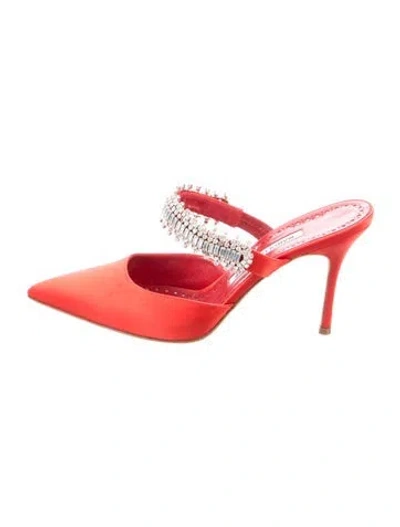 Pre-owned Manolo Blahnik Satin Crystal Embellishments Mules In Red