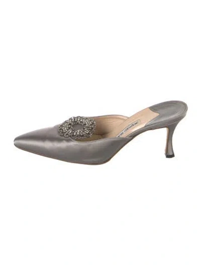 Pre-owned Manolo Blahnik Satin Crystal Embellishments Mules In Silver