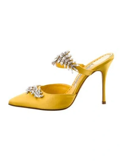 Pre-owned Manolo Blahnik Satin Crystal Embellishments Mules In Yellow