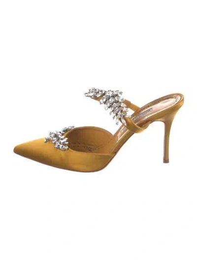 Pre-owned Manolo Blahnik Satin Crystal Embellishments Mules In Yellow