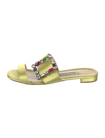Pre-owned Manolo Blahnik Satin Crystal Embellishments Mules In Yellow