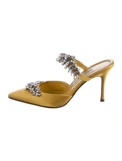 Pre-owned Manolo Blahnik Satin Crystal Embellishments Mules In Yellow