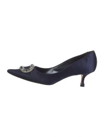 Pre-owned Manolo Blahnik Satin Crystal Embellishments Pumps In Blue