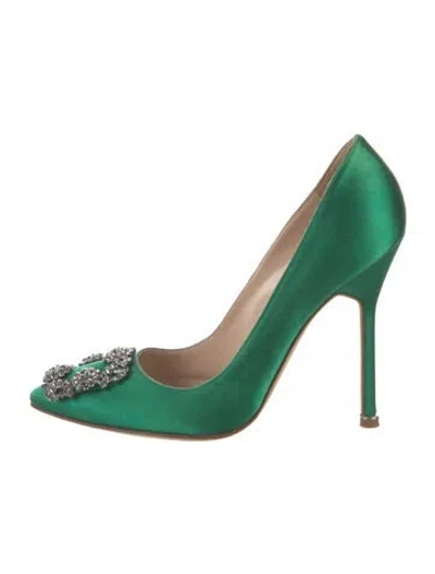 Pre-owned Manolo Blahnik Satin Crystal Embellishments Pumps In Green