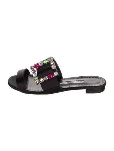 Pre-owned Manolo Blahnik Satin Crystal Embellishments Slides In Black