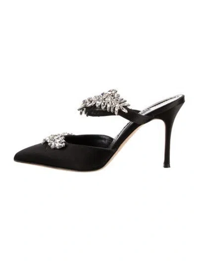 Pre-owned Manolo Blahnik Satin Crystal Embellishments Slides In Black