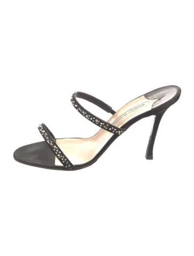 Pre-owned Manolo Blahnik Satin Crystal Embellishments Slides In Black