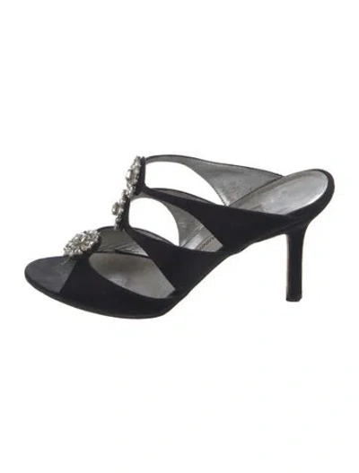 Pre-owned Manolo Blahnik Satin Crystal Embellishments Slides In Black