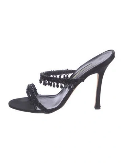 Pre-owned Manolo Blahnik Satin Crystal Embellishments Slides In Black