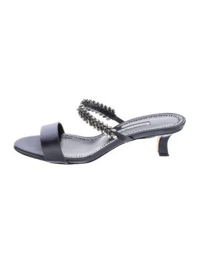 Pre-owned Manolo Blahnik Satin Crystal Embellishments Slides In Blue