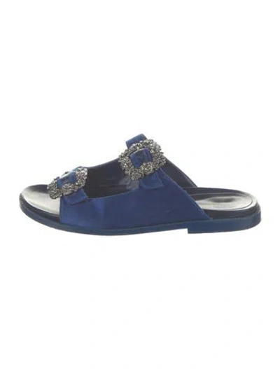 Pre-owned Manolo Blahnik Satin Crystal Embellishments Slides In Blue