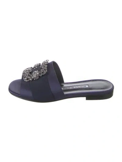 Pre-owned Manolo Blahnik Satin Crystal Embellishments Slides In Blue
