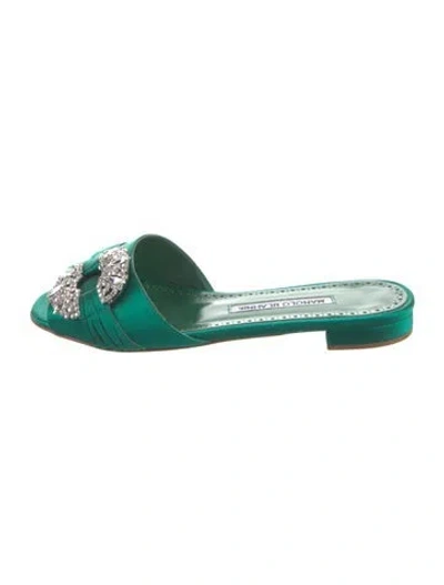 Pre-owned Manolo Blahnik Satin Crystal Embellishments Slides In Green