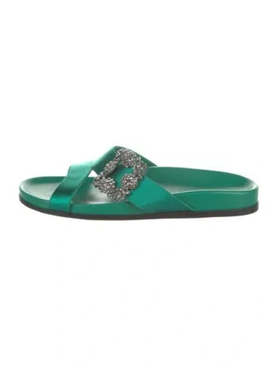 Pre-owned Manolo Blahnik Satin Crystal Embellishments Slides In Green