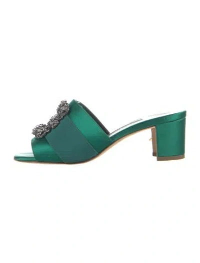 Pre-owned Manolo Blahnik Satin Crystal Embellishments Slides In Green