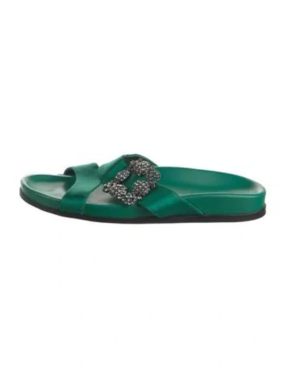 Pre-owned Manolo Blahnik Satin Crystal Embellishments Slides In Green