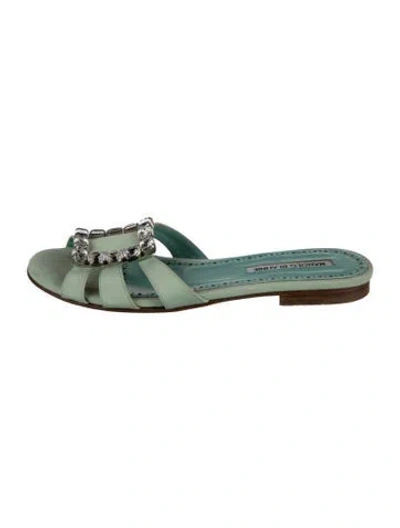 Pre-owned Manolo Blahnik Satin Crystal Embellishments Slides In Green
