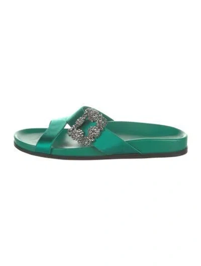 Pre-owned Manolo Blahnik Satin Crystal Embellishments Slides In Green