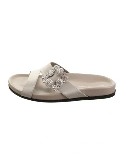 Pre-owned Manolo Blahnik Satin Crystal Embellishments Slides In Grey