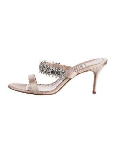 Pre-owned Manolo Blahnik Satin Crystal Embellishments Slides In Neutral