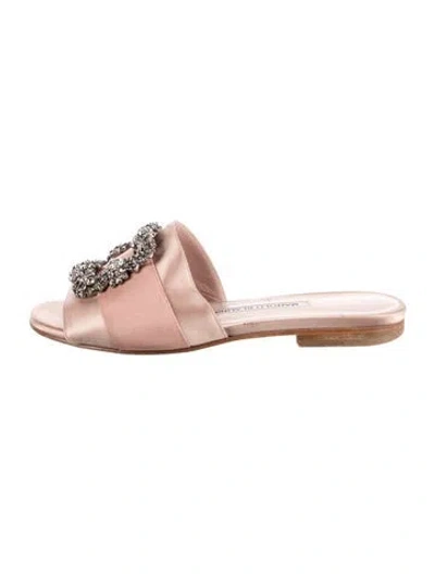 Pre-owned Manolo Blahnik Satin Crystal Embellishments Slides In Pink