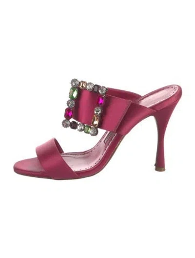 Pre-owned Manolo Blahnik Satin Crystal Embellishments Slides In Pink
