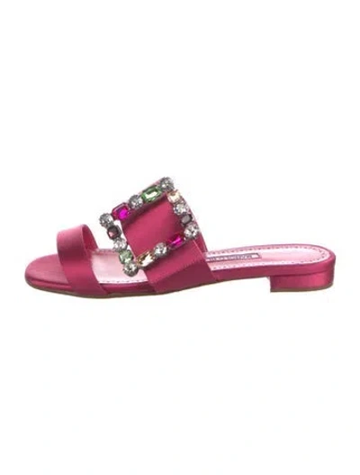 Pre-owned Manolo Blahnik Satin Crystal Embellishments Slides In Pink