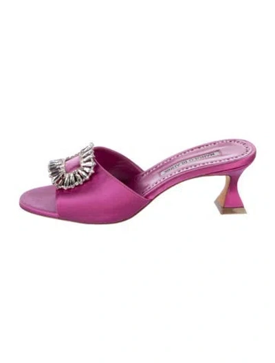 Pre-owned Manolo Blahnik Satin Crystal Embellishments Slides In Purple