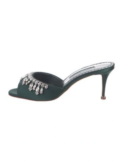 Pre-owned Manolo Blahnik Satin Crystal Embellishments Slides W/ Tags In Green