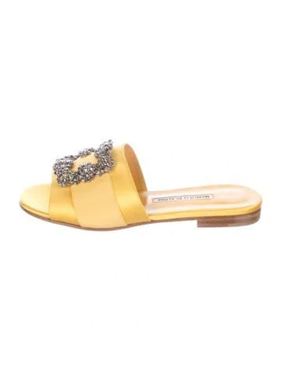 Pre-owned Manolo Blahnik Satin Crystal Embellishments Slides In Yellow