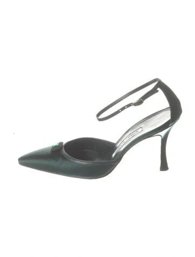 Pre-owned Manolo Blahnik Satin Crystal Embellishments Slingback Pumps In Green
