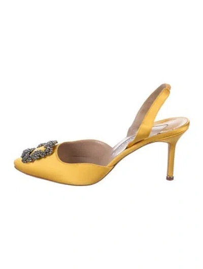 Pre-owned Manolo Blahnik Satin Crystal Embellishments Slingback Pumps In Yellow