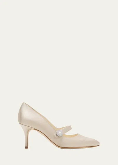Manolo Blahnik Satin Crystal Mary Jane Pumps In Cream