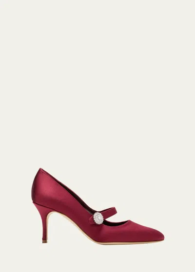 Manolo Blahnik Satin Crystal Mary Jane Pumps In Red