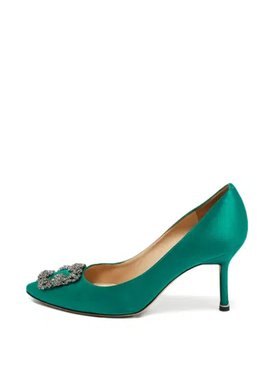 Pre-owned Manolo Blahnik Satin Crystal Pumps In Green