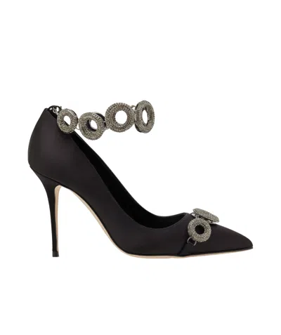 Manolo Blahnik Satin Embellished Pointed Heels In Black