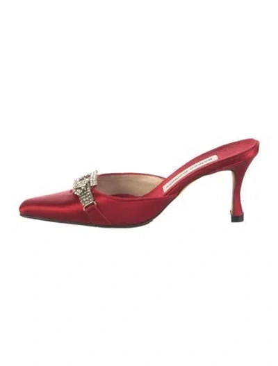 Pre-owned Manolo Blahnik Satin Embroidered Accent Mules In Red
